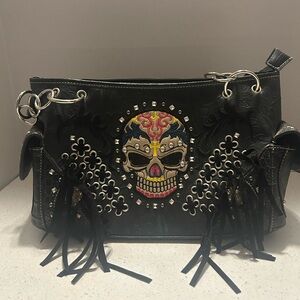 Embroidered Skull Black Handbag
